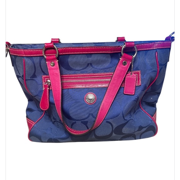 Coach Bags Coach Laura Signature Jacquard Navy Blue Wpink Tote